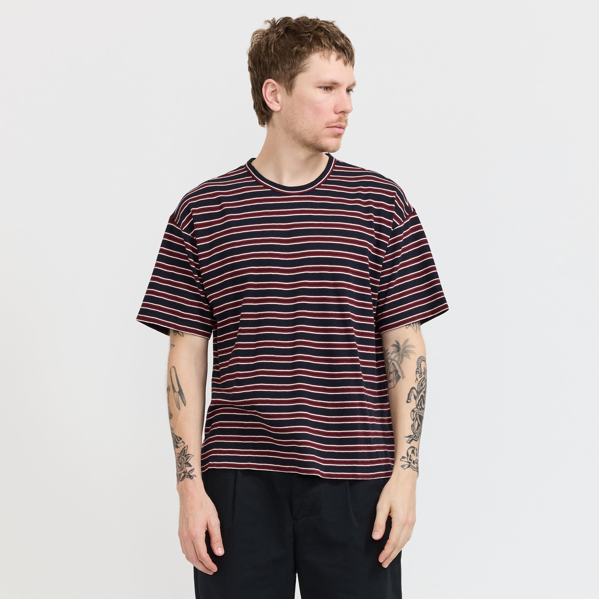 YMC | Triple T-Shirt Stripe Navy Burgundy | Maplestore