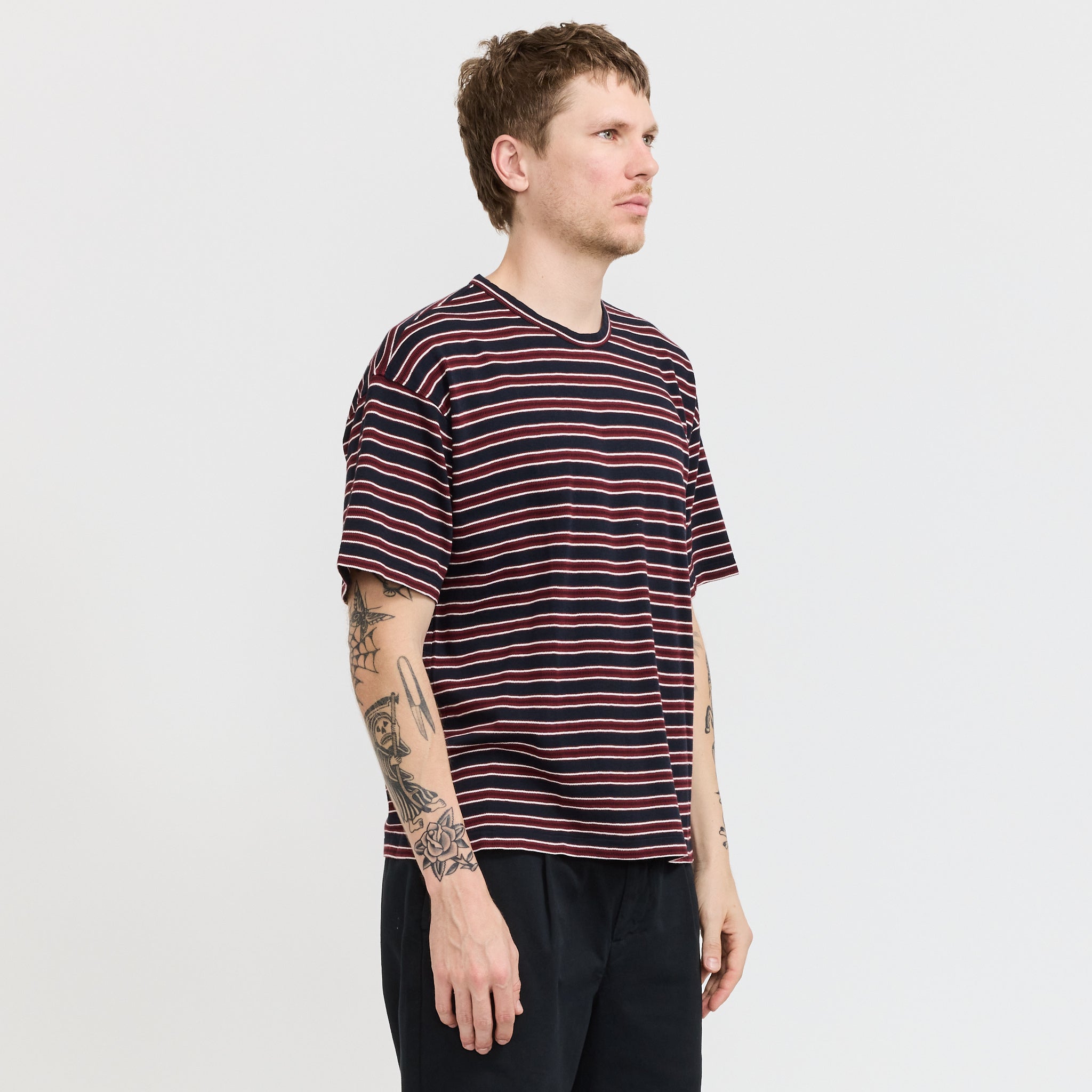 YMC | Triple T-Shirt Stripe Navy Burgundy | Maplestore