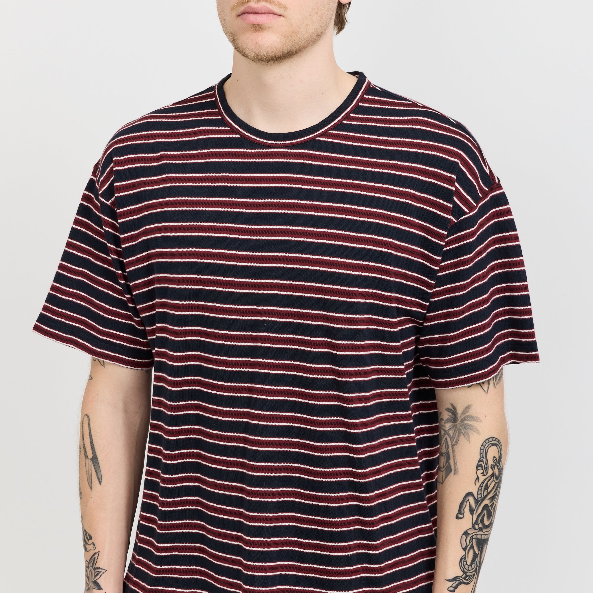 YMC | Triple T-Shirt Stripe Navy Burgundy | Maplestore