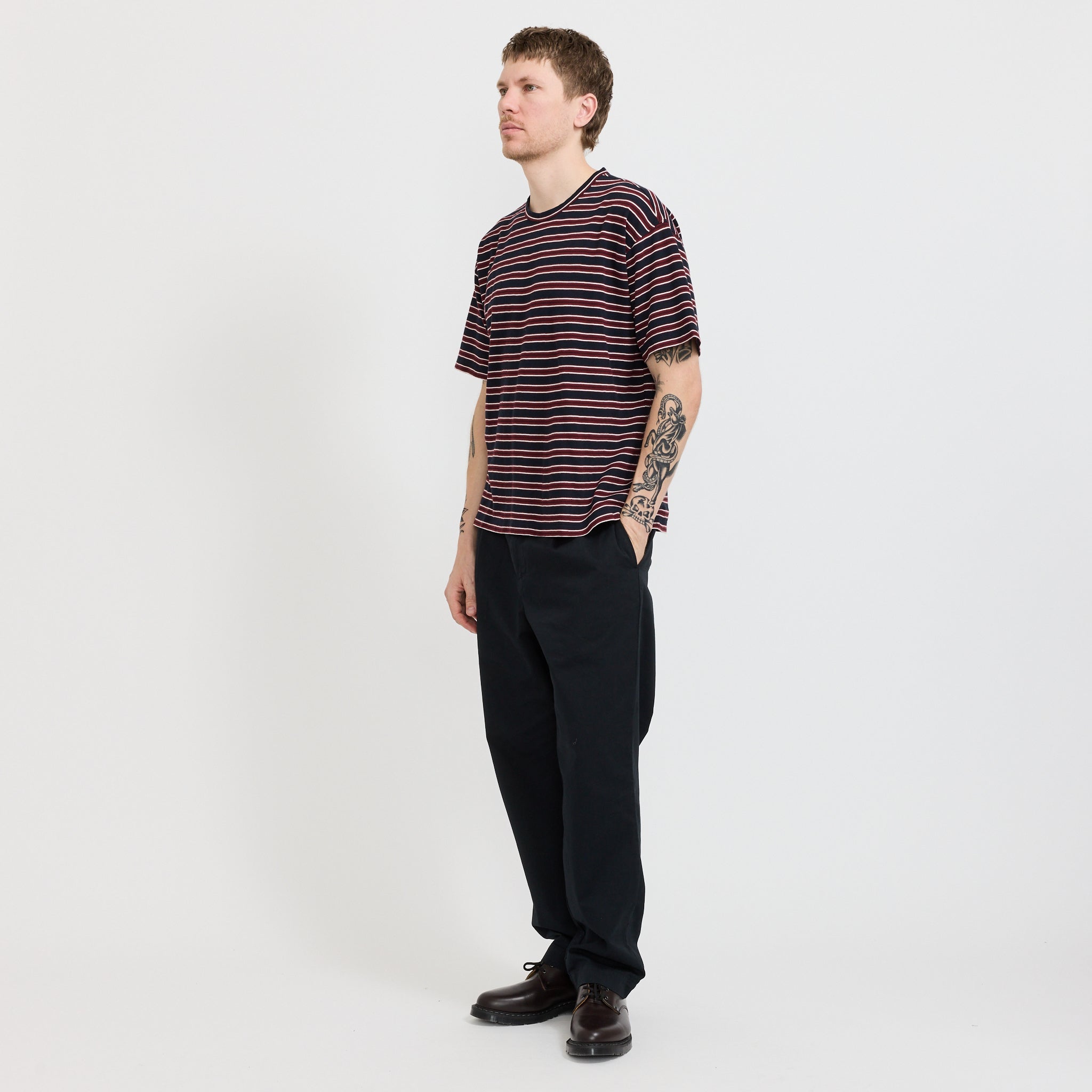 YMC | Triple T-Shirt Stripe Navy Burgundy | Maplestore
