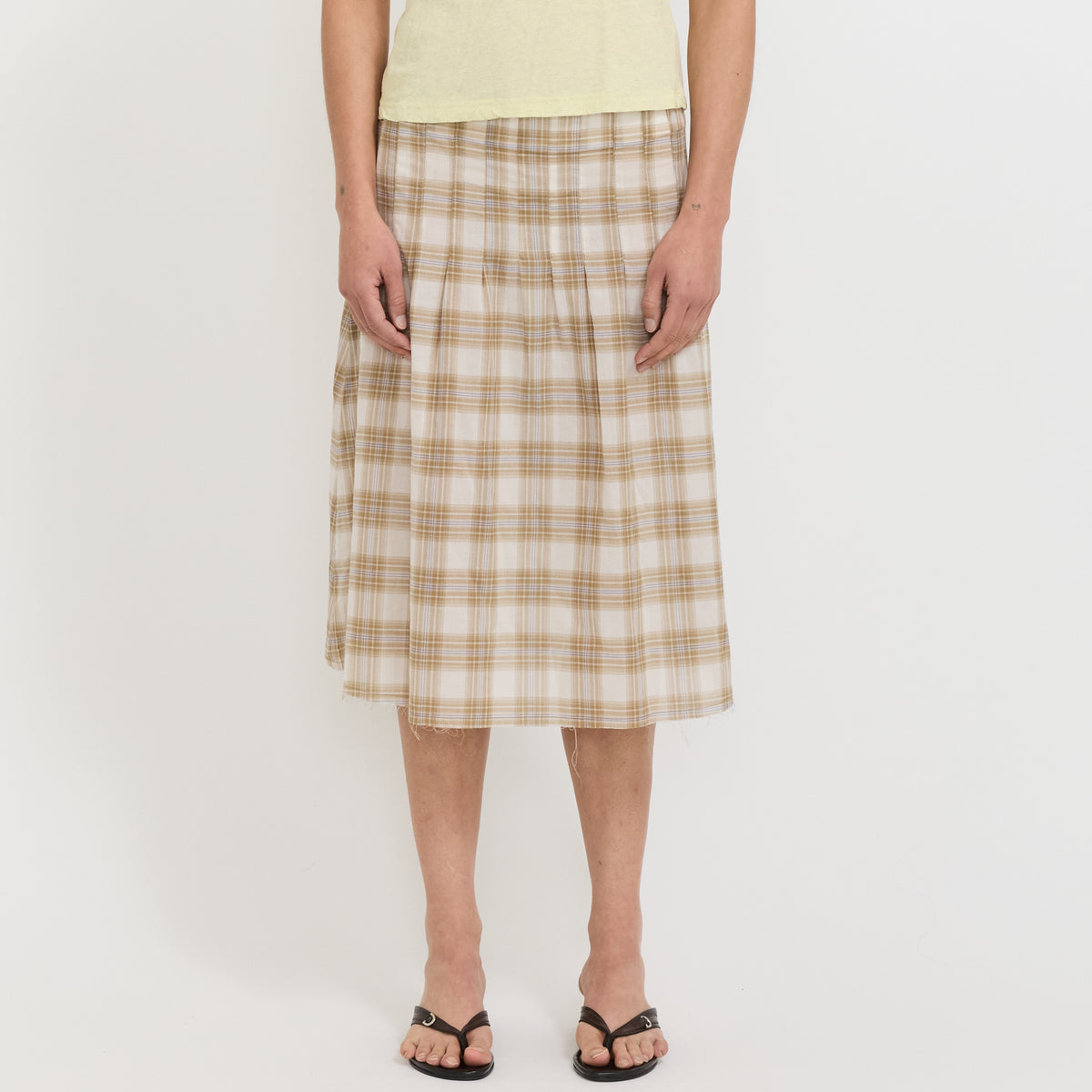 Bassike | Check Pleat Pintstitch Skirt Taupe Check | Maplestore