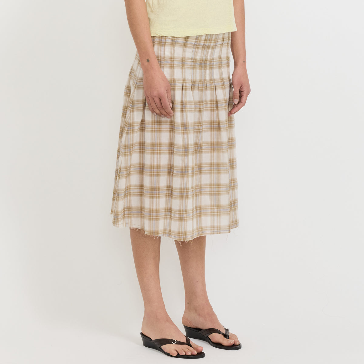 Bassike | Check Pleat Pintstitch Skirt Taupe Check | Maplestore