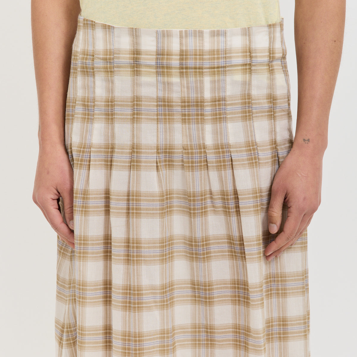 Bassike | Check Pleat Pintstitch Skirt Taupe Check | Maplestore