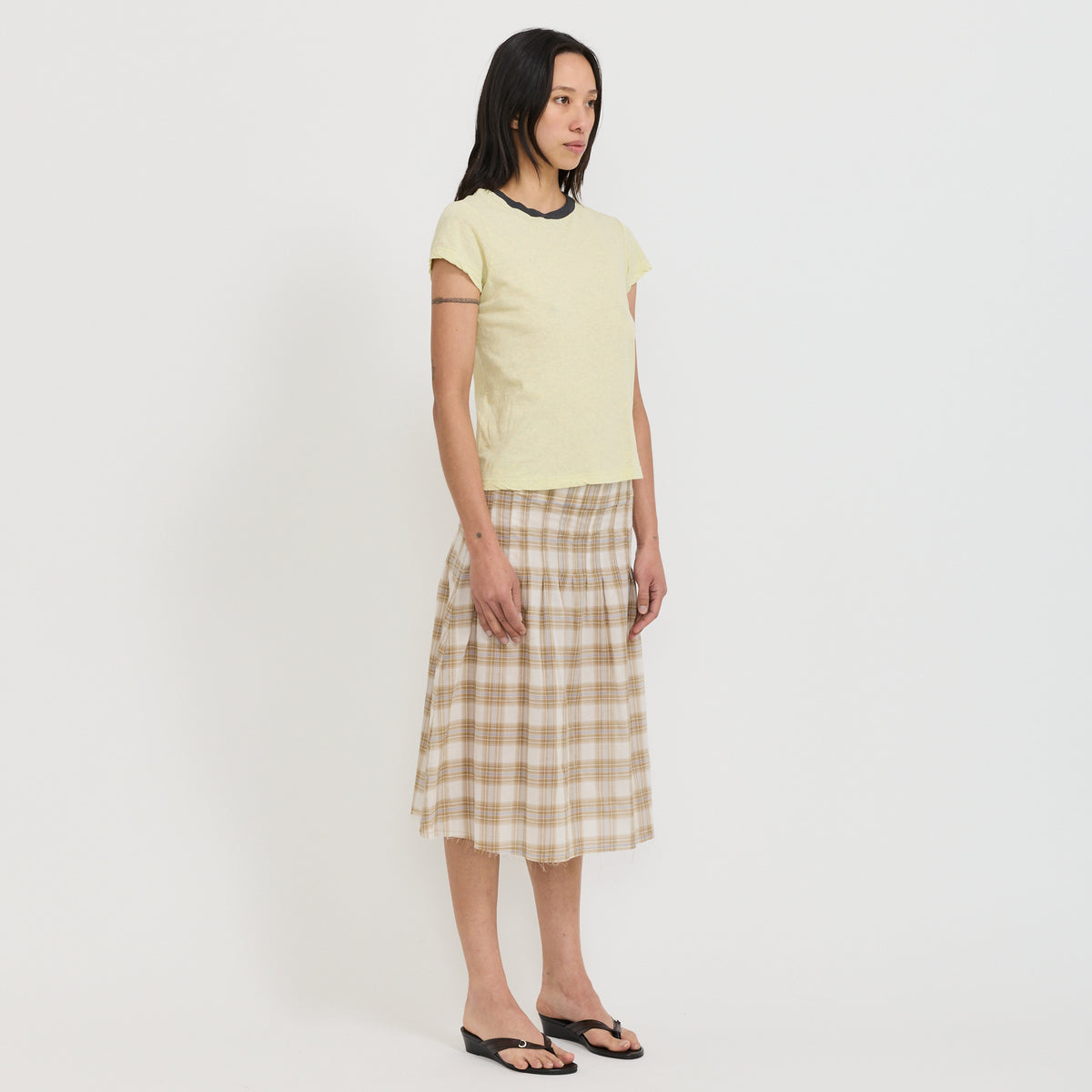 Bassike | Check Pleat Pintstitch Skirt Taupe Check | Maplestore