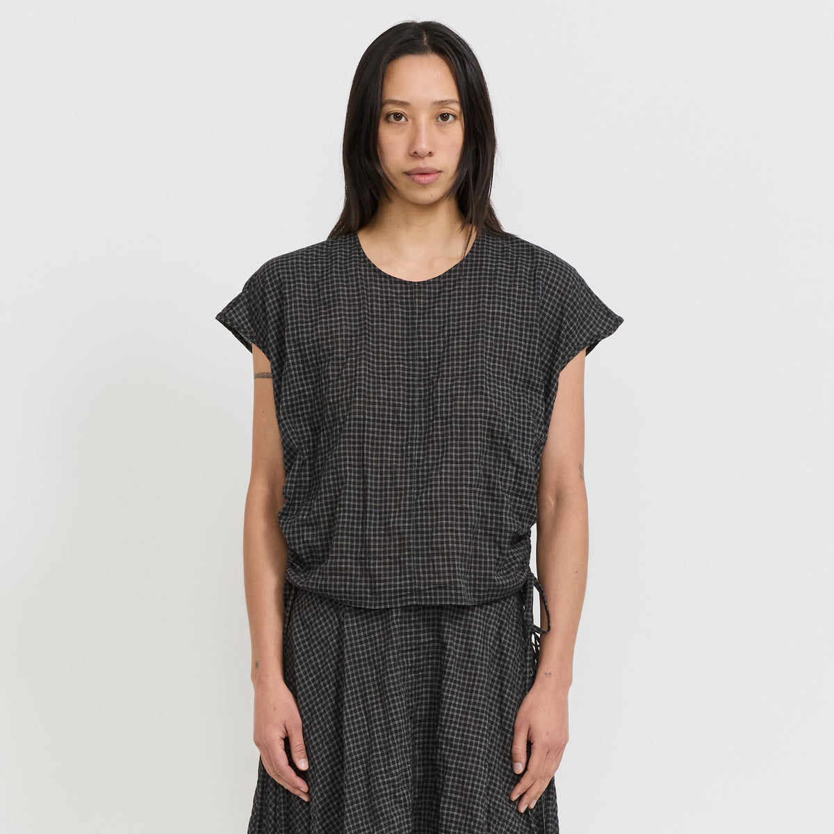 Bassike | Gathered Check Drawstring Top Black Check | Maplestore
