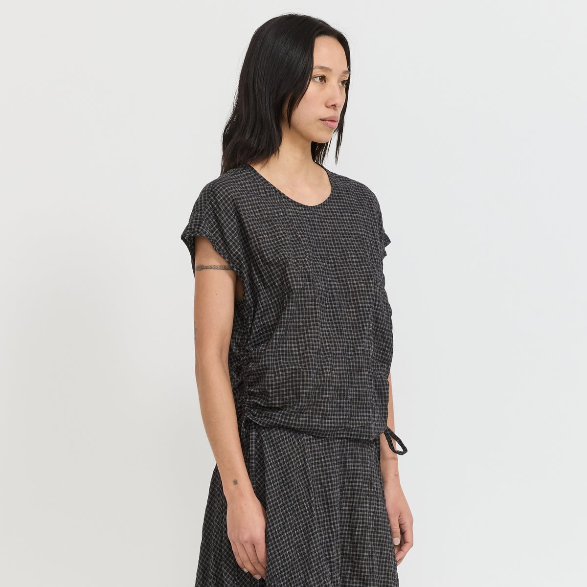 Bassike | Gathered Check Drawstring Top Black Check | Maplestore