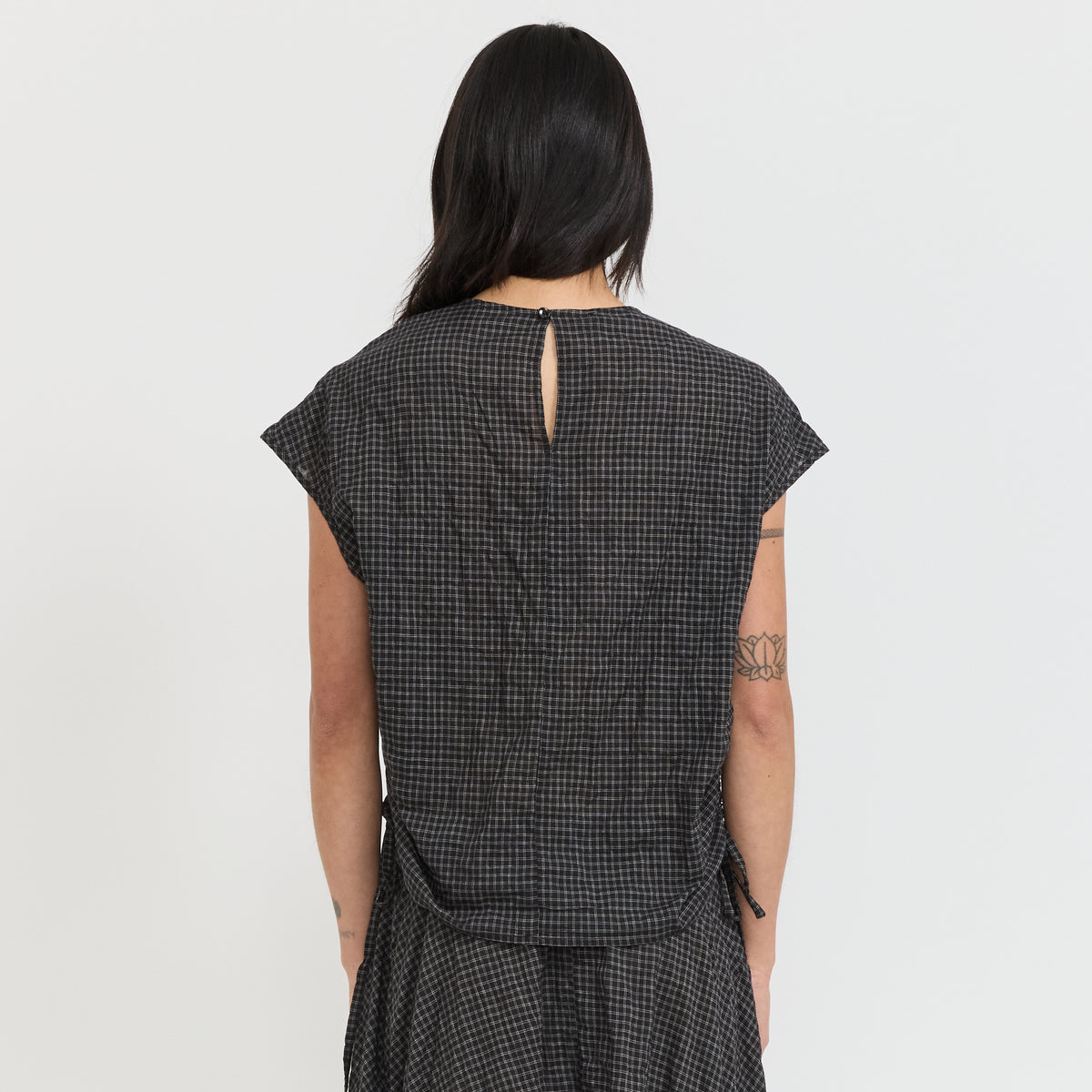 Bassike | Gathered Check Drawstring Top Black Check | Maplestore