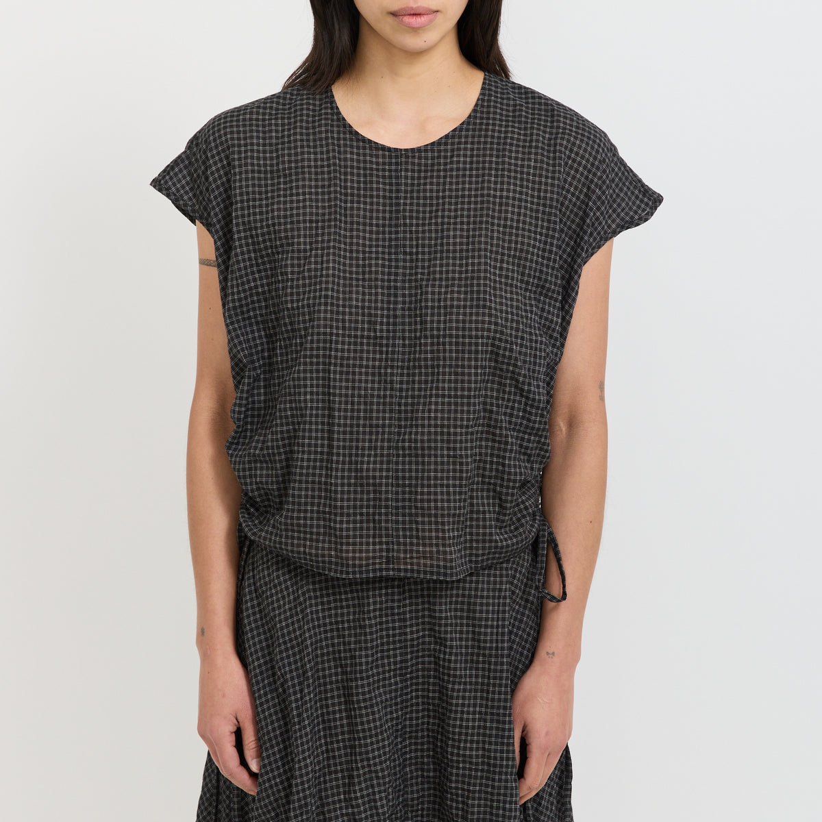Bassike | Gathered Check Drawstring Top Black Check | Maplestore