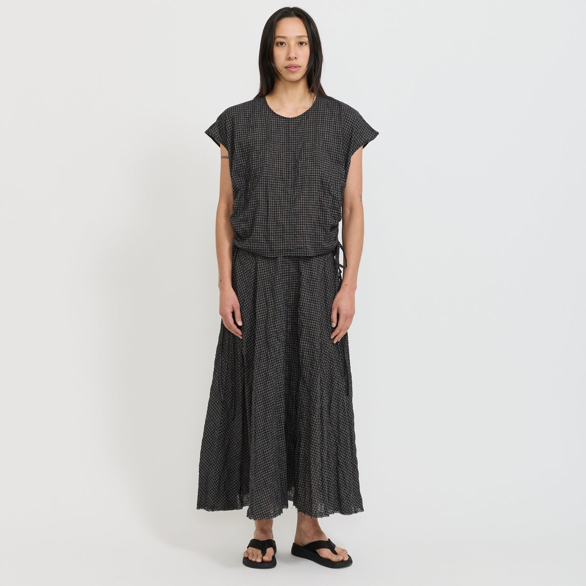 Bassike | Gathered Check Drawstring Top Black Check | Maplestore