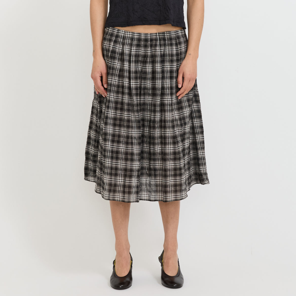 Fine Check Gathered Skirt Black/Taupe Check
