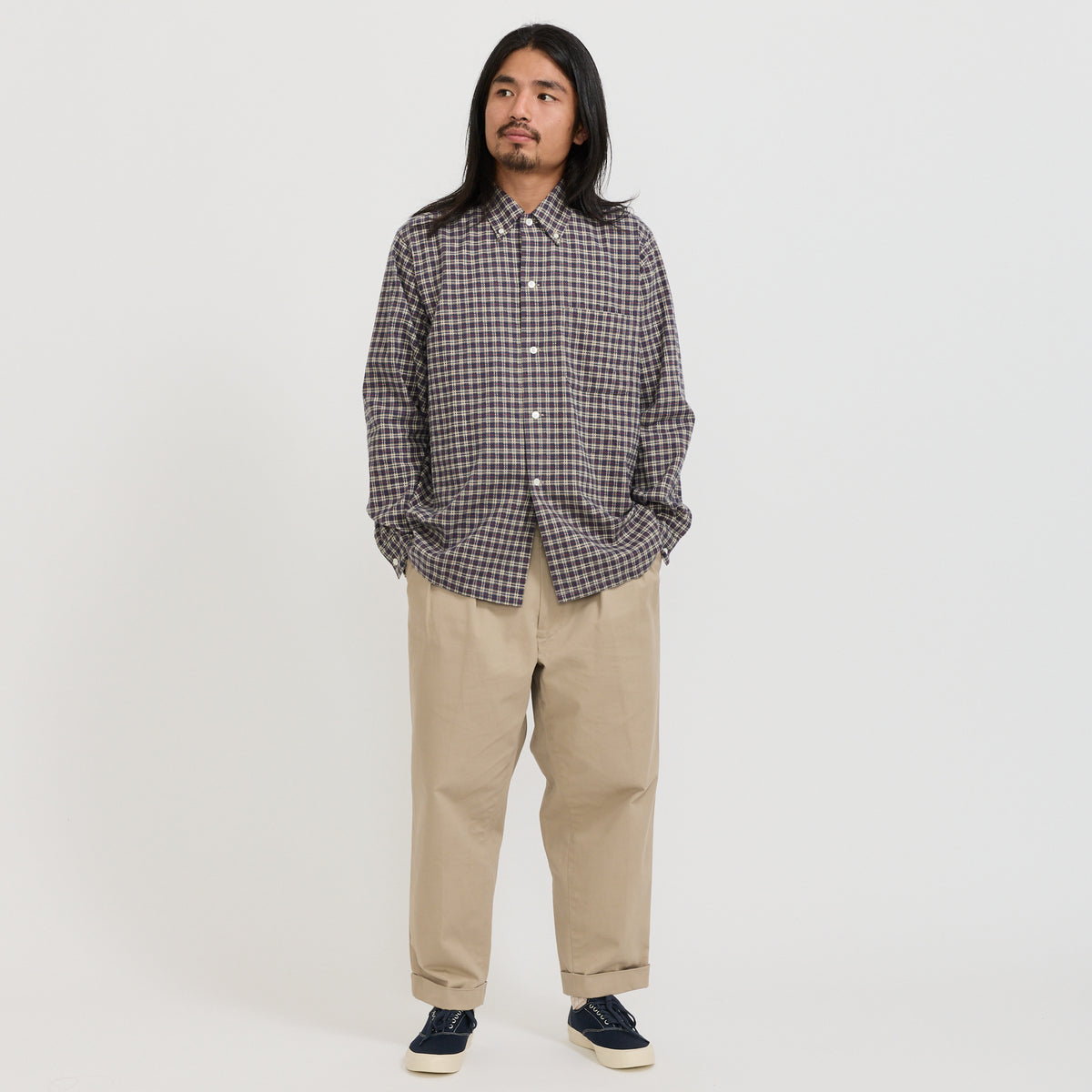 Beams Plus | Open BD Waffle Shirt Navy | Maplestore