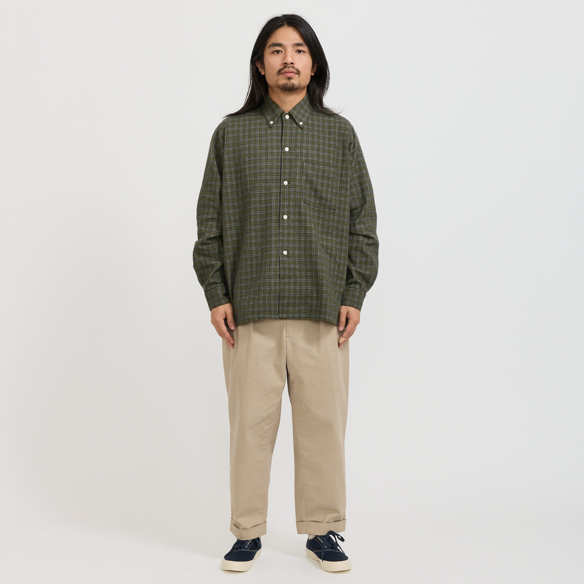 Beams Plus | Open BD Waffle Shirt Green | Maplestore