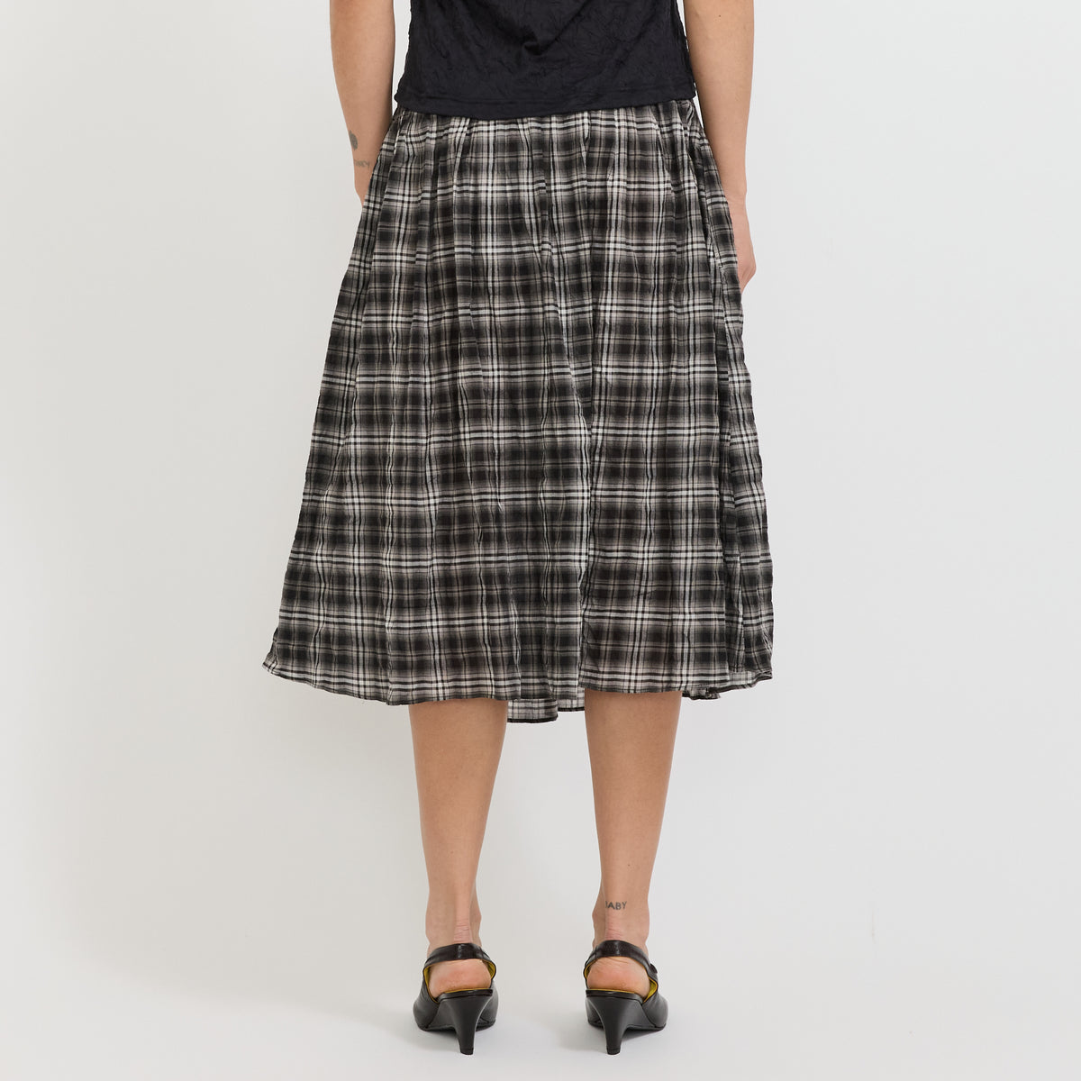 Fine Check Gathered Skirt Black/Taupe Check