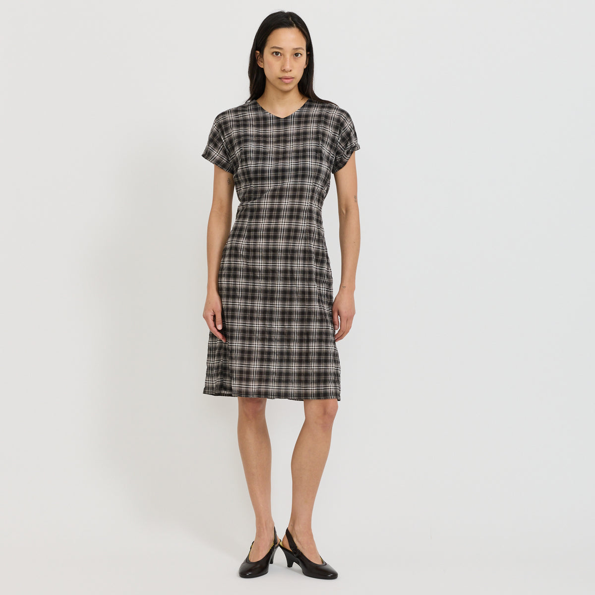 Fine Check Longerline Dress Black/Taupe Check