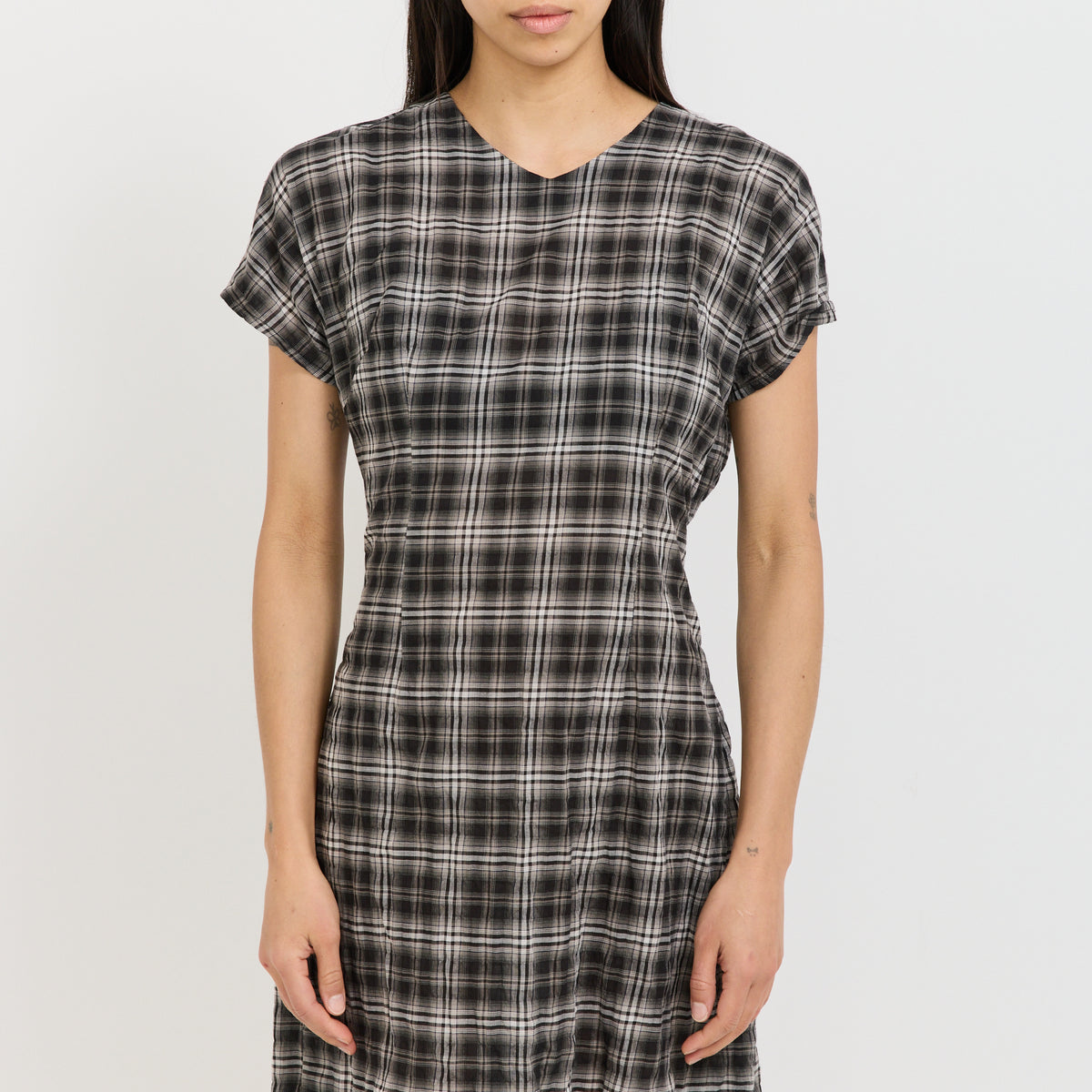Fine Check Longerline Dress Black/Taupe Check
