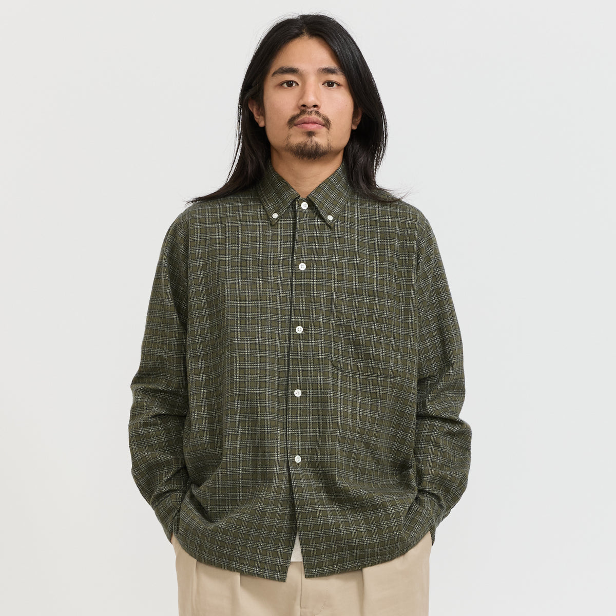 Beams Plus | Open BD Waffle Shirt Green | Maplestore