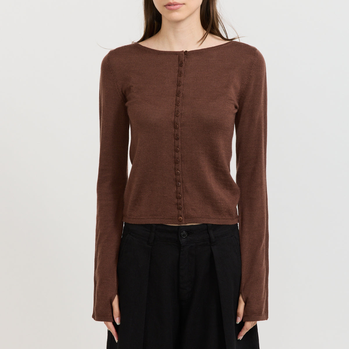 YMC Natalie Cardigan in Dark Brown - model 7