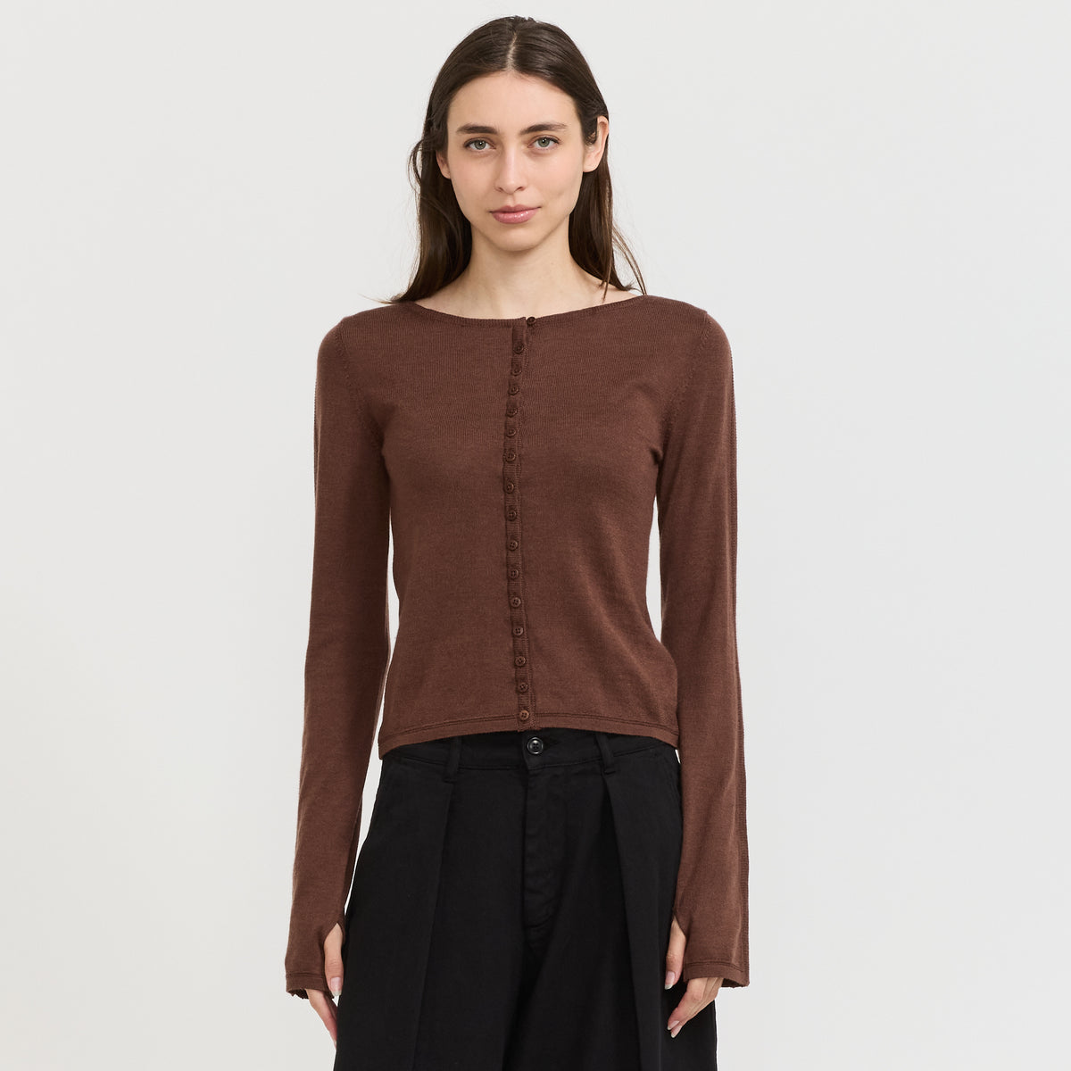 YMC Natalie Cardigan in Dark Brown - model 2