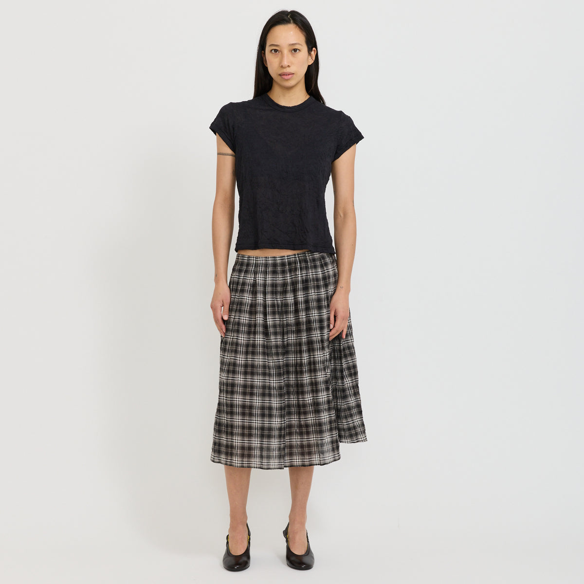 Fine Check Gathered Skirt Black/Taupe Check