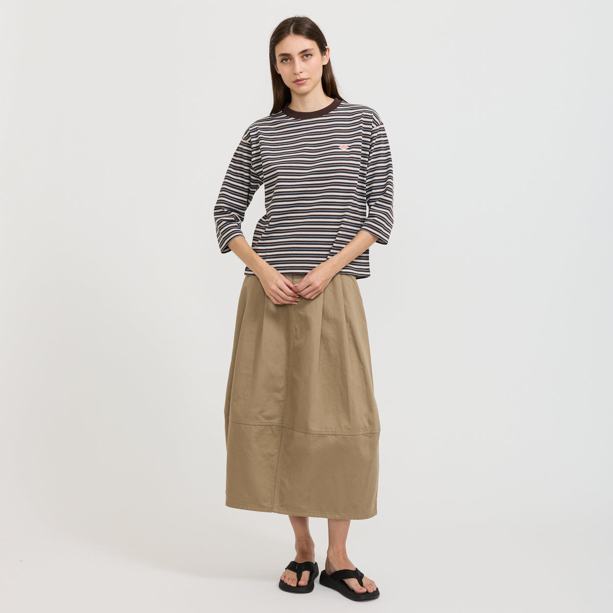 Danton | Womens Crew Neck 3/4 Sleeve T-Shirt Dark Brown/Beige/Sax Multi | Maplestore
