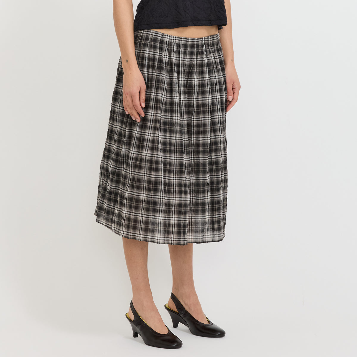 Fine Check Gathered Skirt Black/Taupe Check