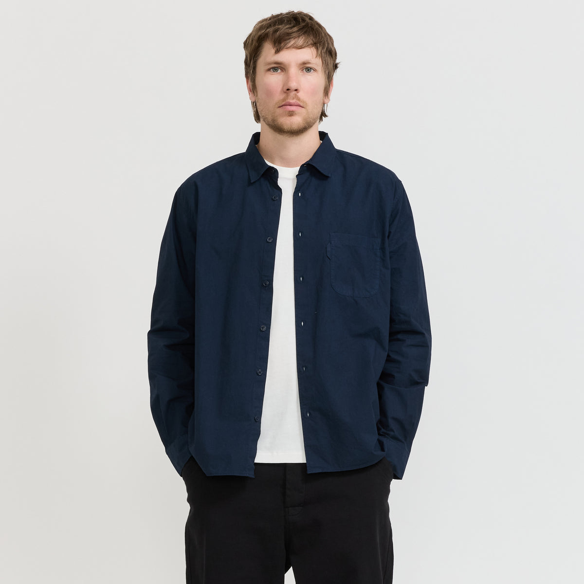 YMC Curtis Shirt in Navy - model retry 1