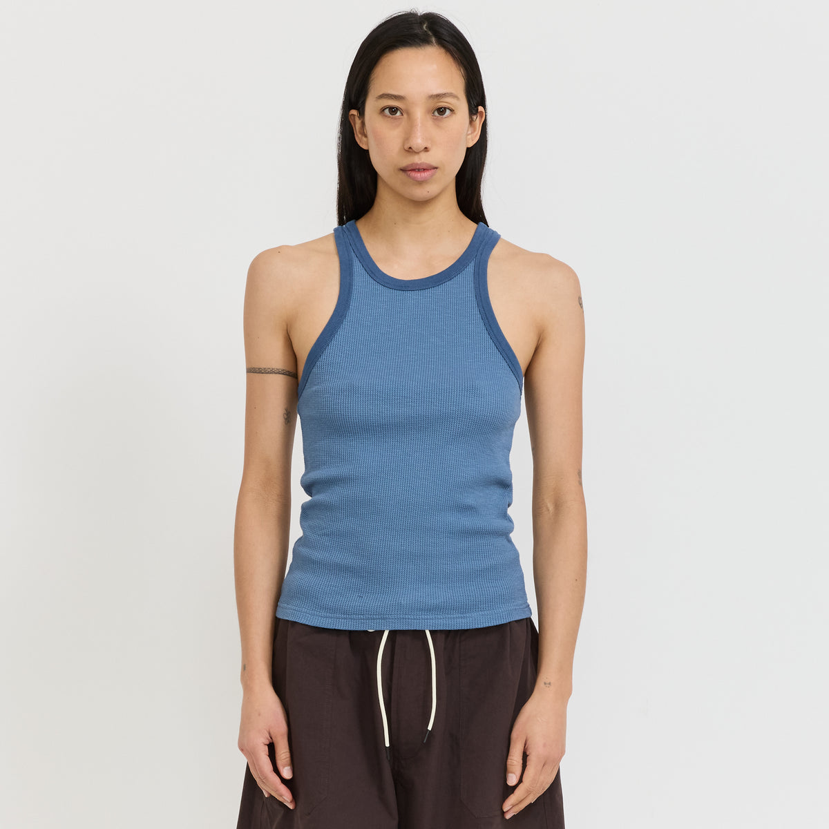 Sheer Waffle Athletic Tank Worn Blue