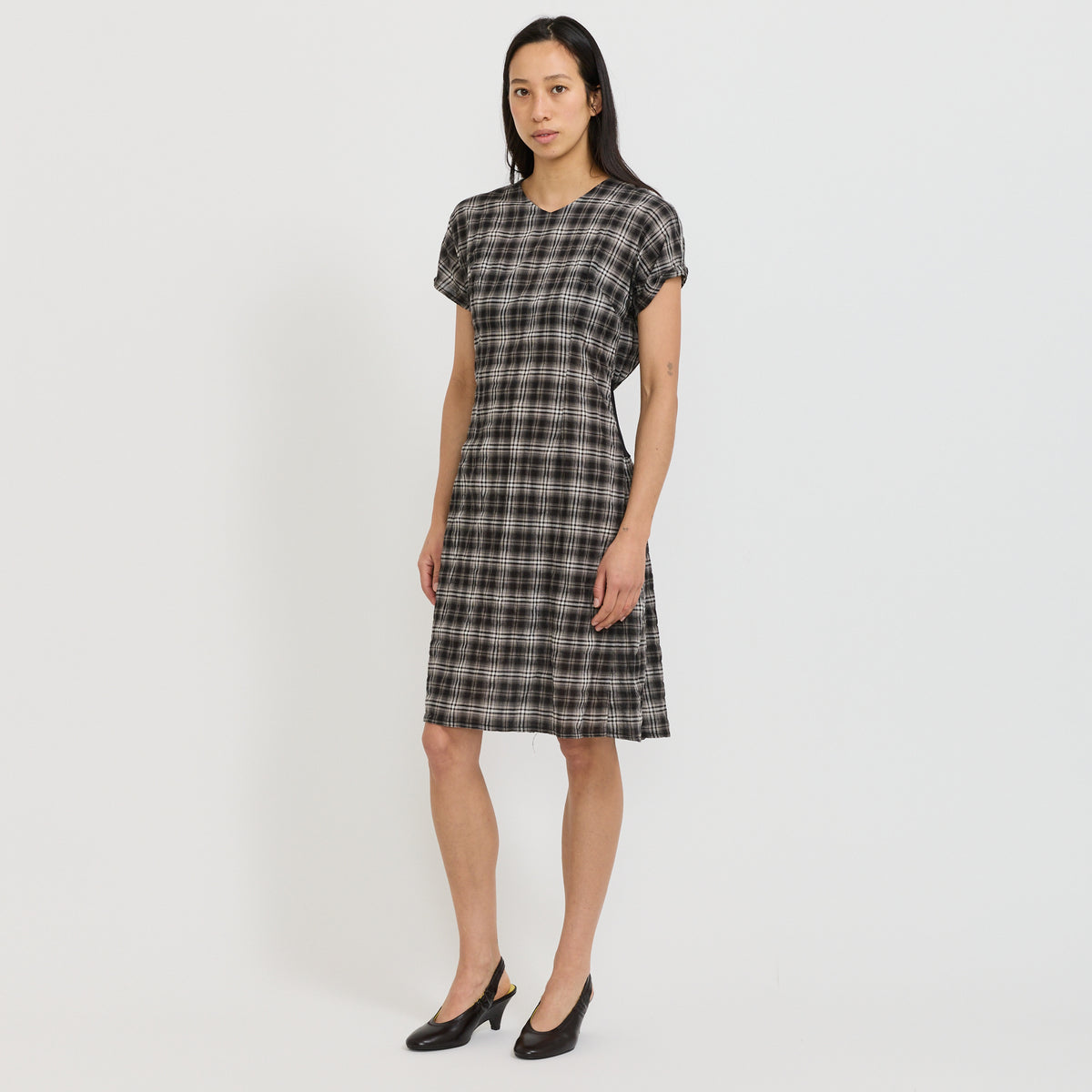 Fine Check Longerline Dress Black/Taupe Check