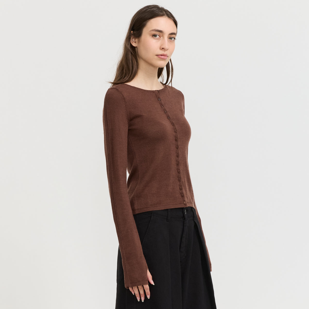 YMC Natalie Cardigan in Dark Brown - model 5
