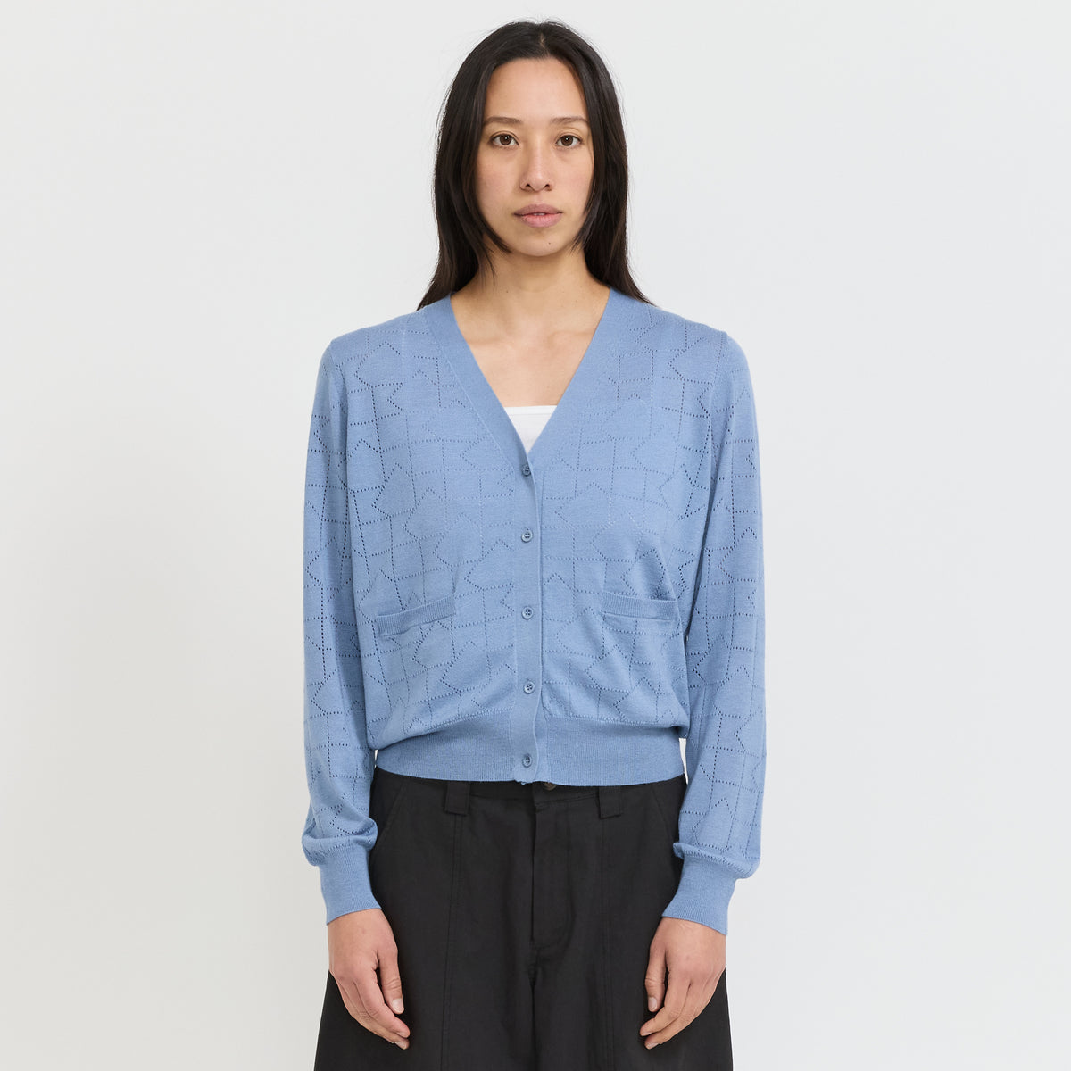 Karen Walker | Monogram Pointelle Knit Cardigan Light Blue | Maplestore