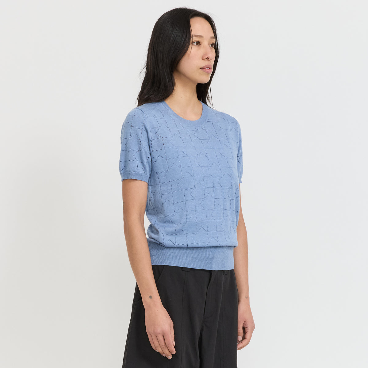 Karen Walker | Monogram Pointelle Knit Tee Light Blue | Maplestore