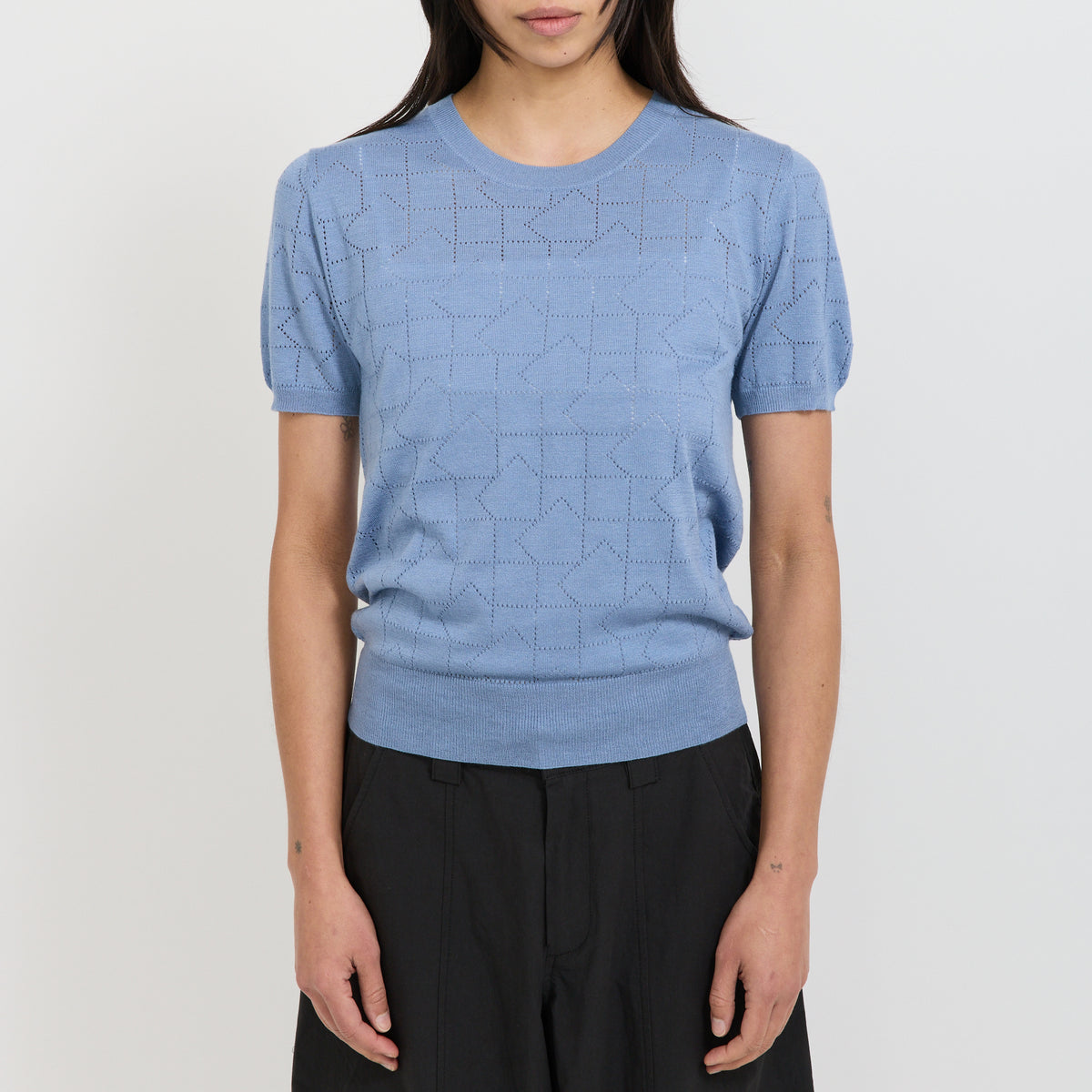 Karen Walker | Monogram Pointelle Knit Tee Light Blue | Maplestore