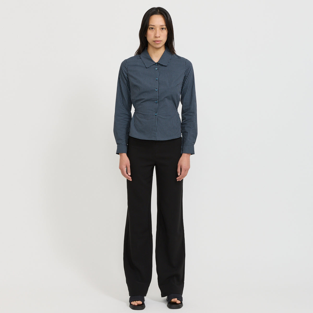 Peachy Den | Gloria Cinch Shirt Navy Check | Maplestore