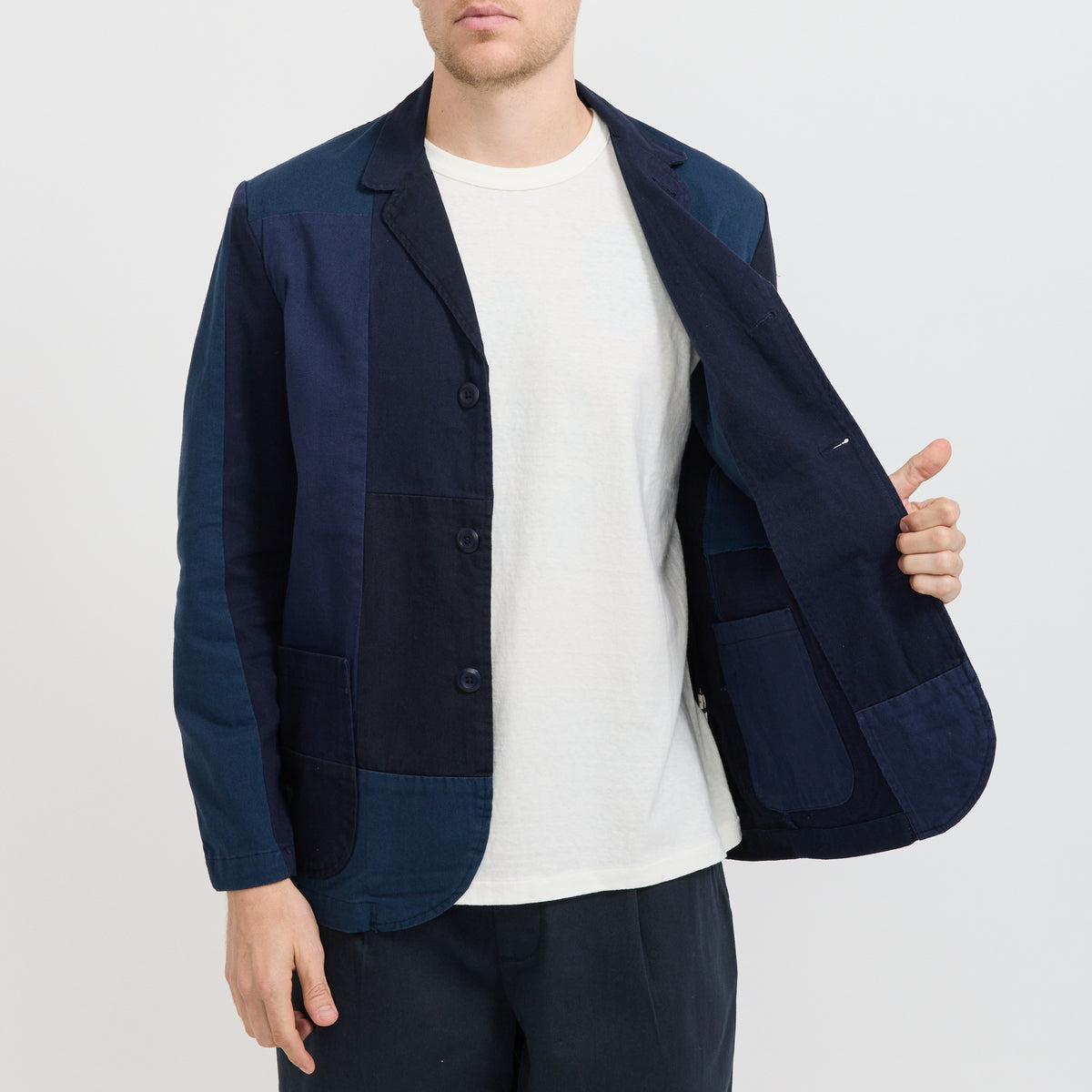 Universal Works | Three Button Jacket Navy Patchwork | Maplestore