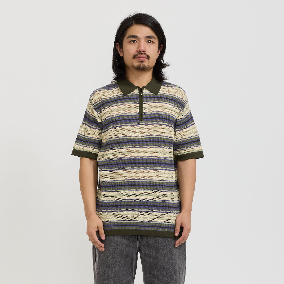 Stripe S/S Knit Polo Ivory | Mens Tops by thisisneverthat | Maplestore