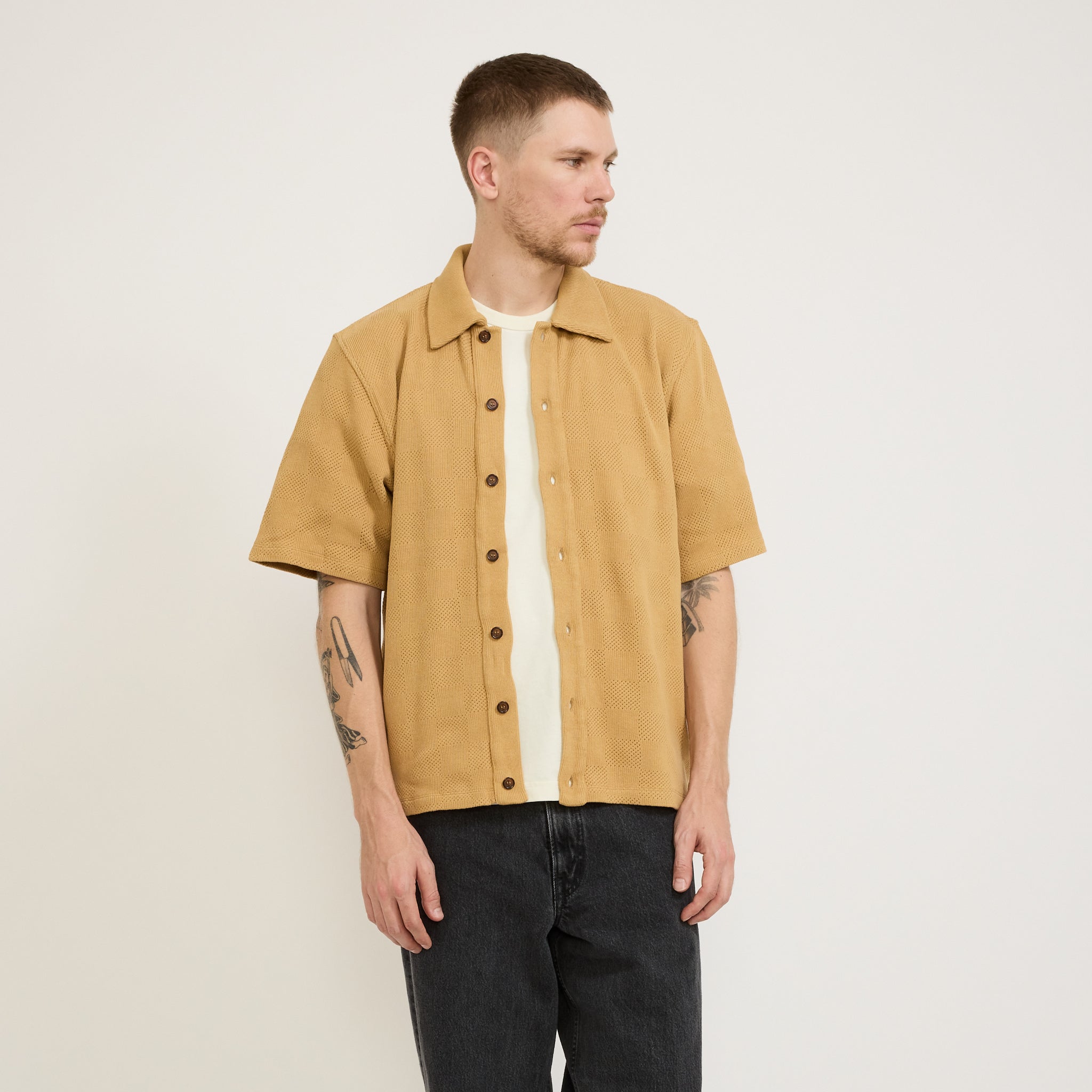 Universal Works | Button Through Polo Fantasy Checkerboard Sand | Maplestore
