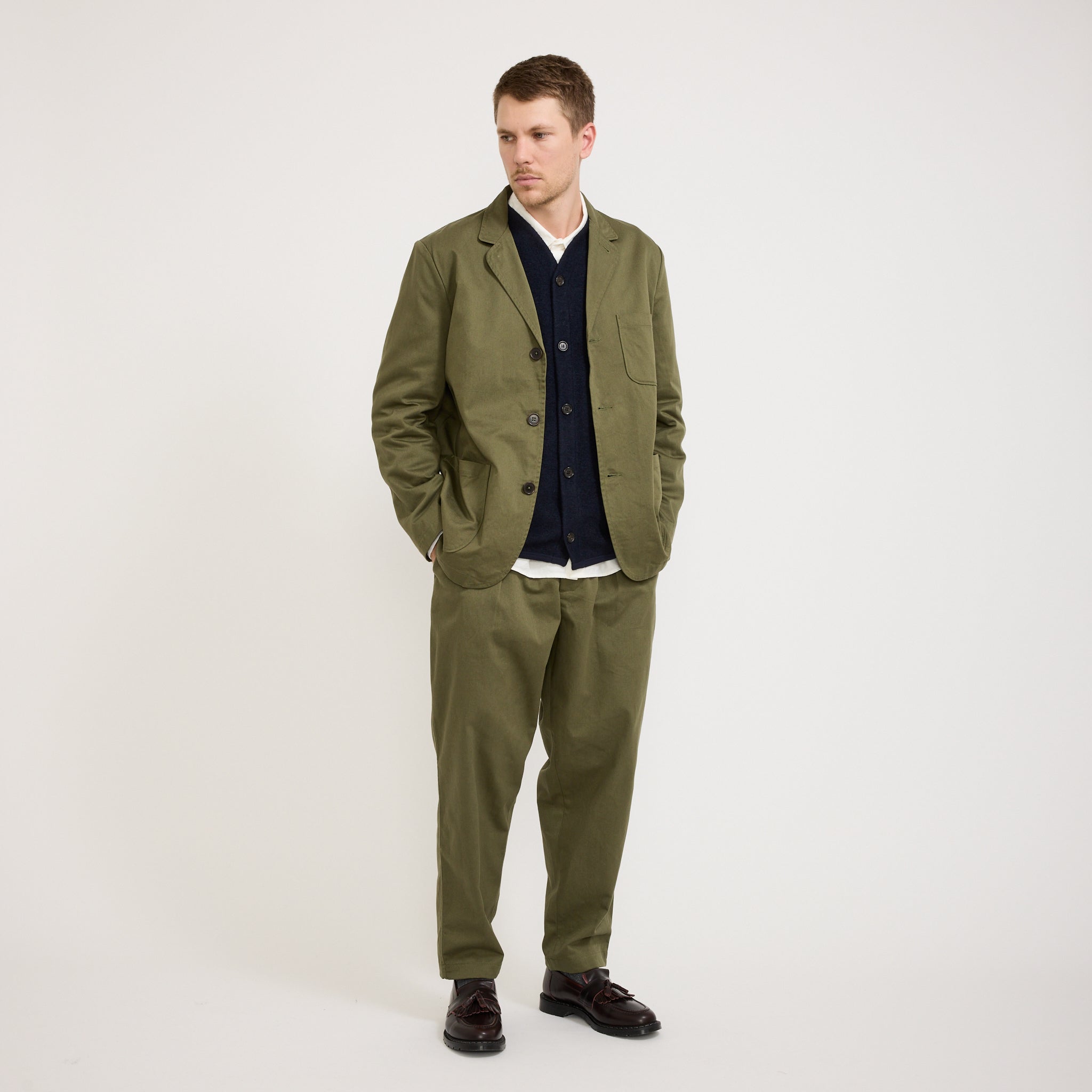 Universal Works | Three Button Jacket Twill Light Olive | Maplestore