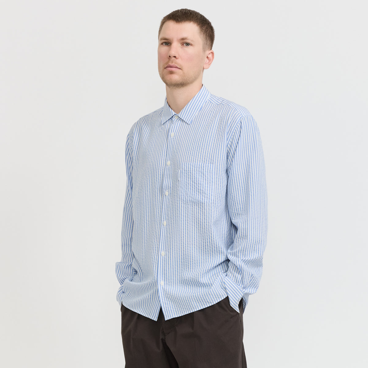 YMC | Curtis Shirt White/Blue Stripe | Maplestore