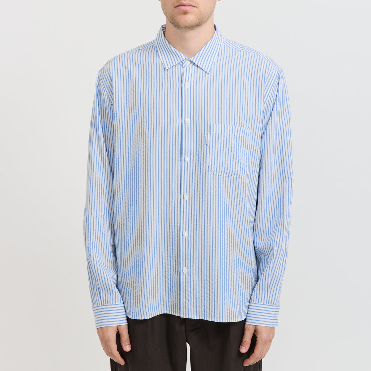 YMC | Curtis Shirt White/Blue Stripe | Maplestore