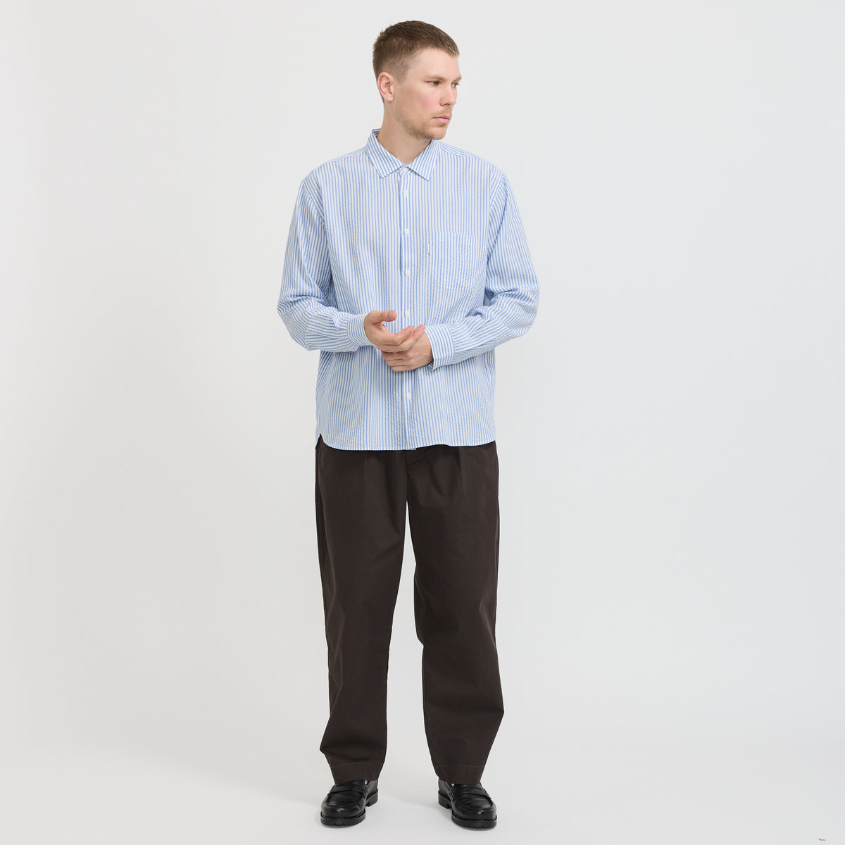 YMC | Curtis Shirt White/Blue Stripe | Maplestore