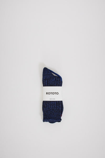Rototo | Recycled Cotton Ribbed Crew Socks Black/Blue | Maplestore